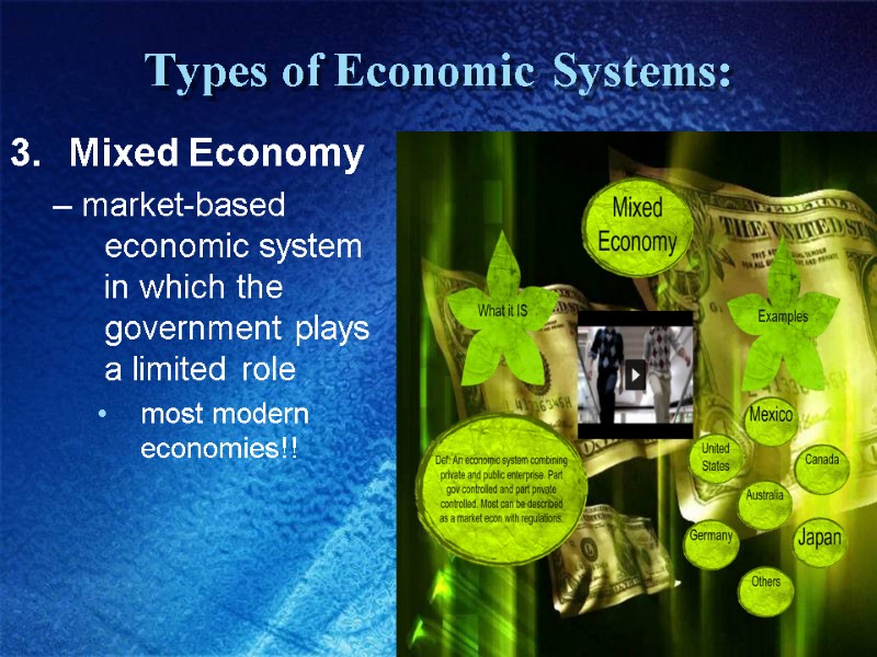 Types of Economic Systems: Mixed Economy  – market-based economic system in which the